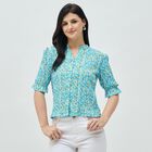 Women's Light Blue Floral Mandarin Collar Shirt, Light Blue, small