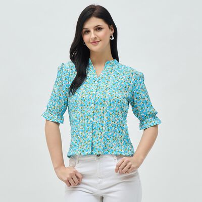 Women's Light Blue Floral Mandarin Collar Shirt