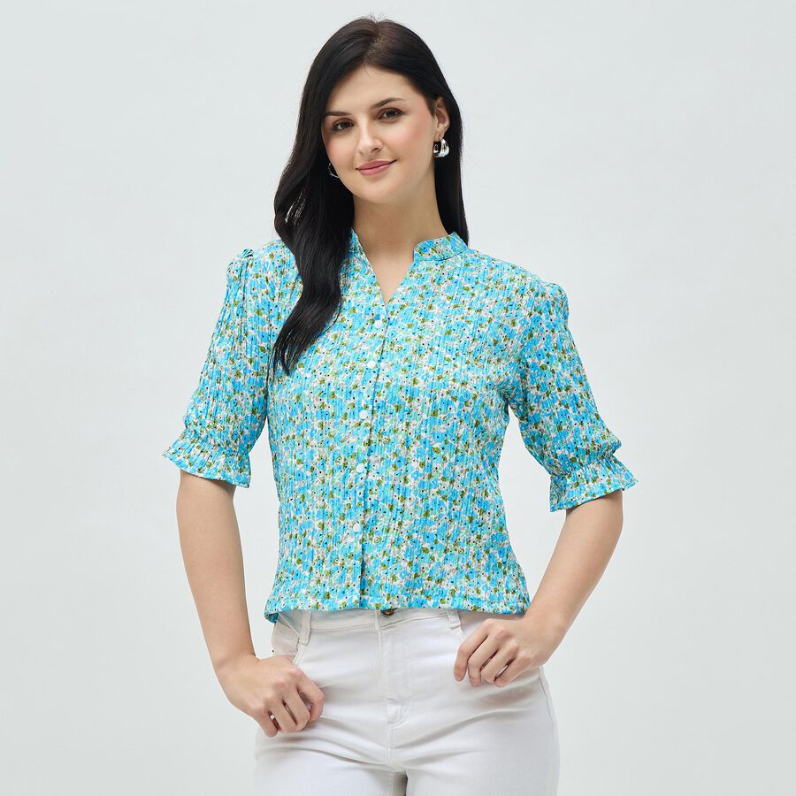 Women's Light Blue Floral Mandarin Collar Shirt, Light Blue, large