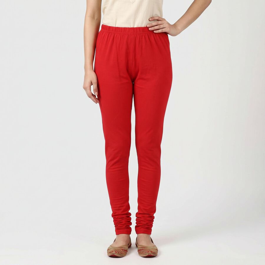 Women's Red Cotton Blend Elastic Waist Slim Fit Churidar, लाल, large
