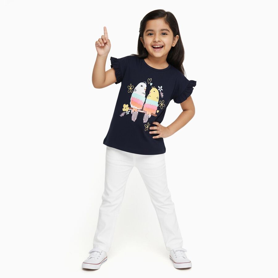 Girls' Navy Blue Cotton Round Neck Ruffle Sleeve Graphic T-Shirt, Navy Blue, large image number null