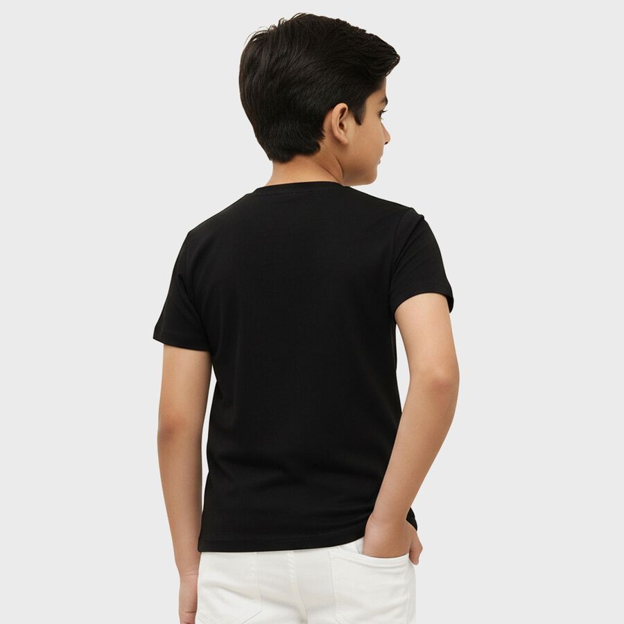 Boys Jet Black Round Neck Casual Half Sleeve T-Shirt, Black, large