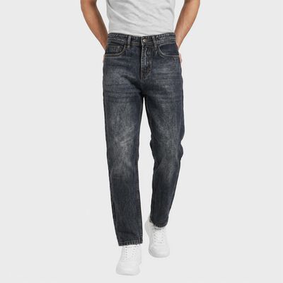 Men's Dark Blue Straight Fit Faded Jeans