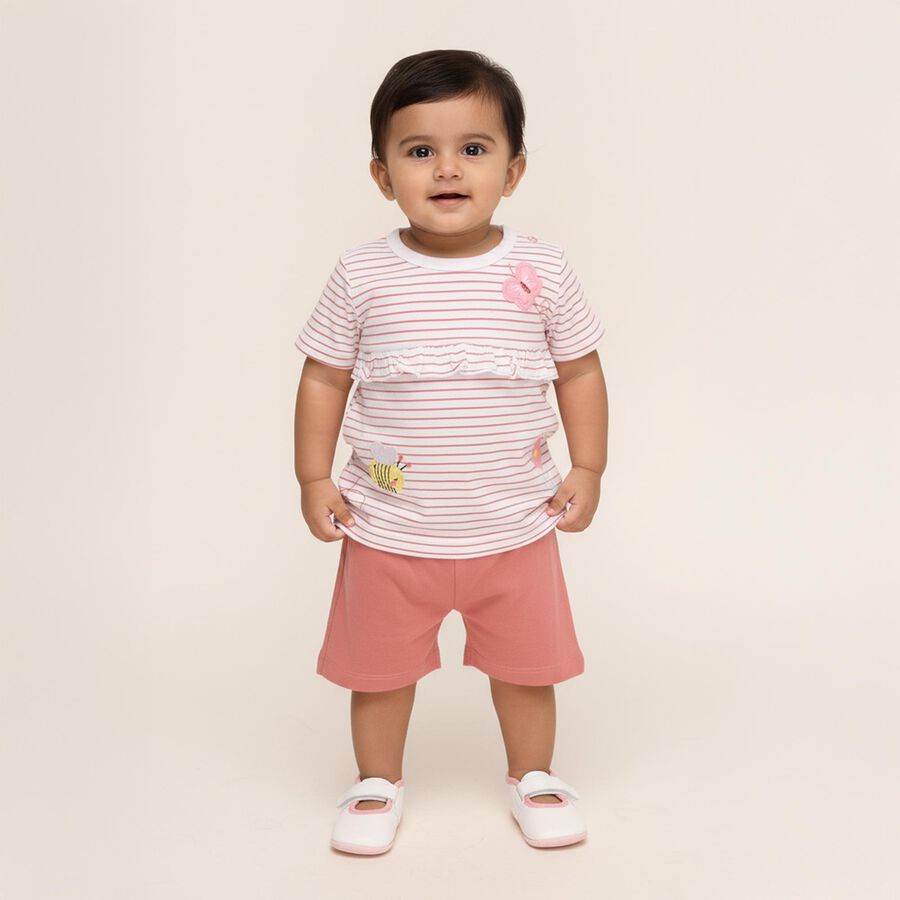 Infant Muted Pink and White Cotton Striped Top Casual Shorts Set, Light Pink, large image number null