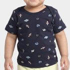Infants' Navy Blue 100% Cotton Round Neck Graphic Print Baba Suit, Navy Blue, small