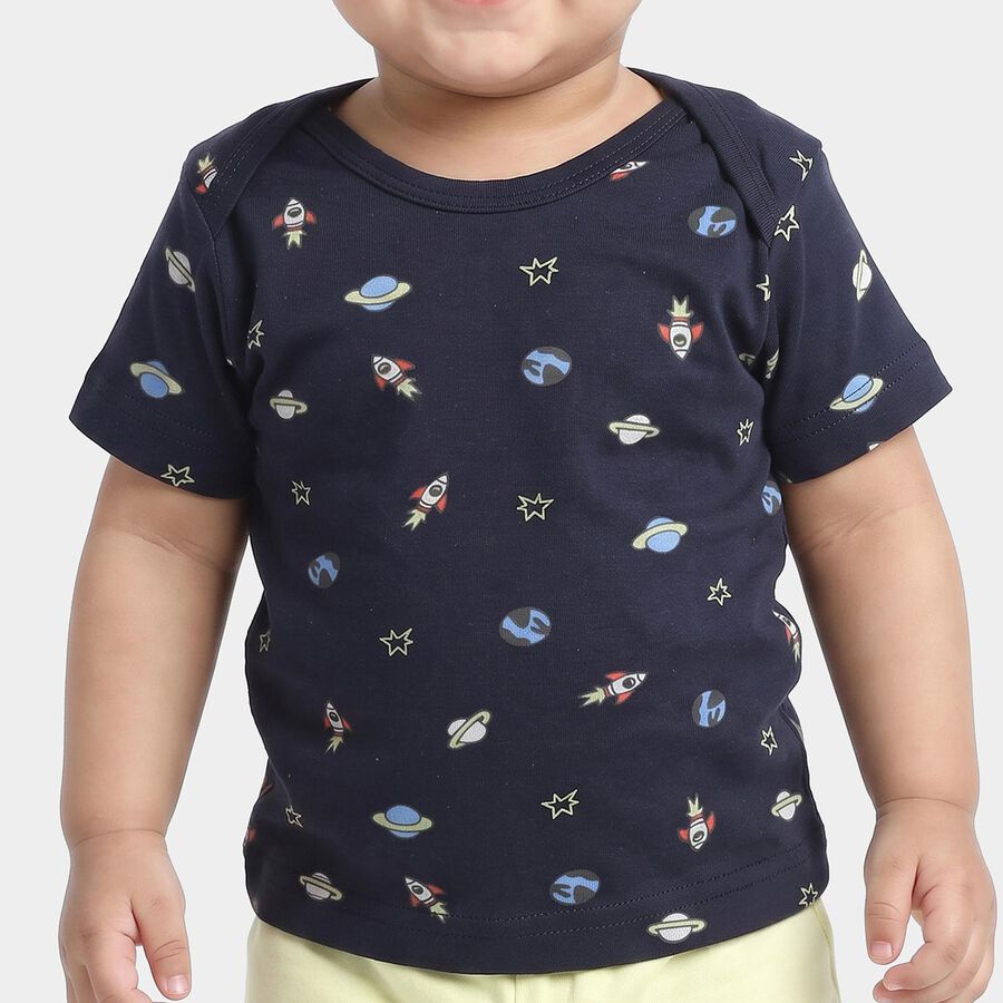 Infants' Navy Blue 100% Cotton Round Neck Graphic Print Baba Suit, Navy Blue, large