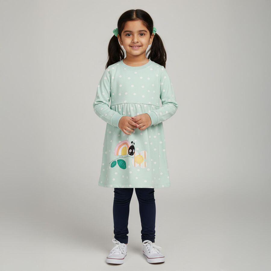 Girls' Mint Green Polka Dot Long Sleeve Frock, हल्का हरा, large image number null