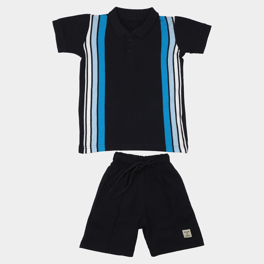 Boys Navy Blue Polo Neck Striped Baba Suit, Navy Blue, large