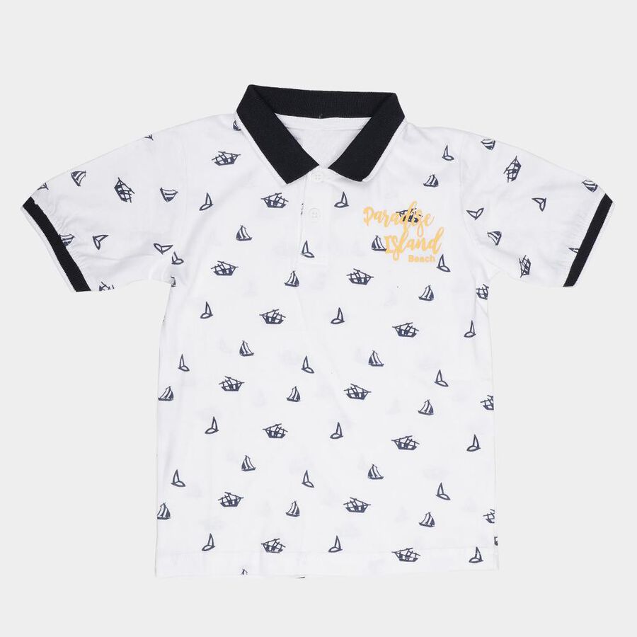 Boys' White Cotton Polo Neck Printed T-Shirt, White, large