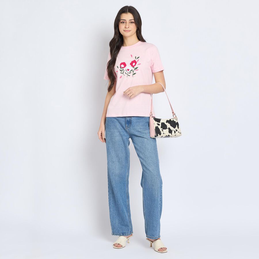 Ladies' 100% Cotton Round Neck T-Shirt, गुलाबी, large