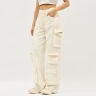 Women's Light Beige Wide Leg Cargo Jeans, ऑफ व्हाइट, small image number null