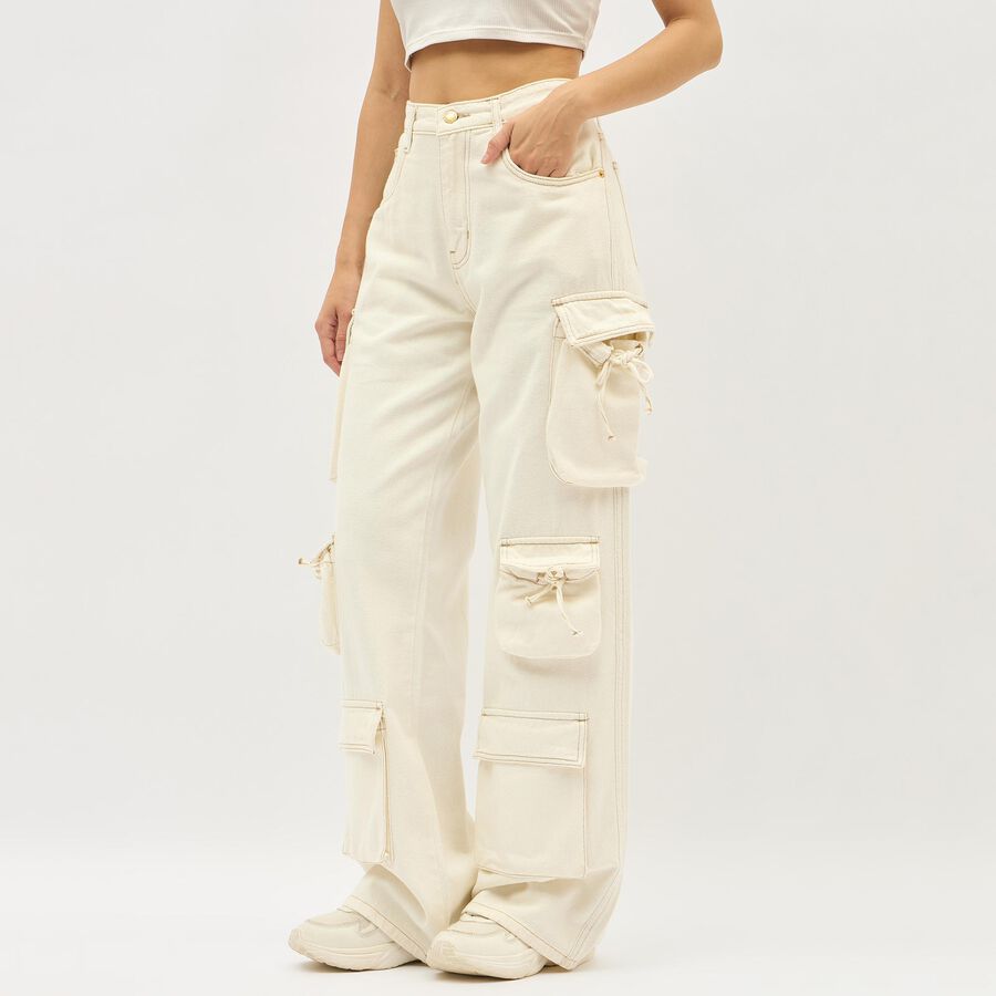 Women's Light Beige Wide Leg Cargo Jeans, ऑफ व्हाइट, large image number null