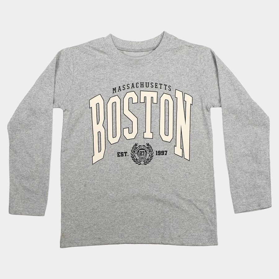 Boys Grey Cotton Blend Crew Neck Regular T-Shirt, Melange Light Grey, large