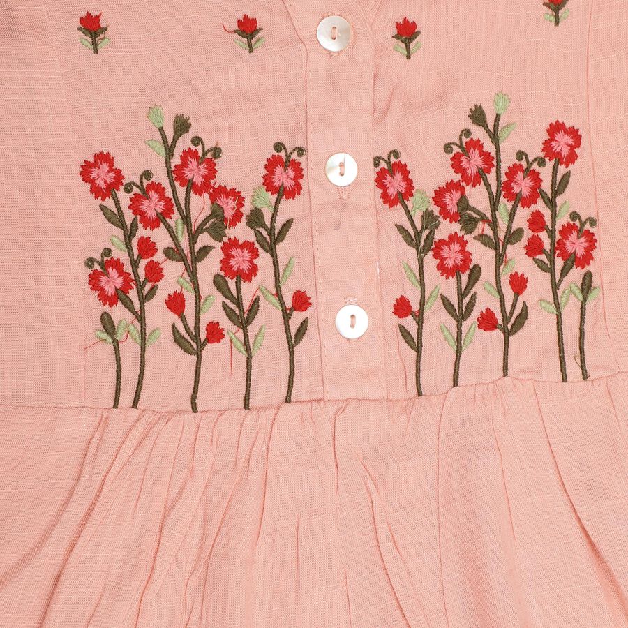 Girls' Soft Peach Embroidered V-Neck Kurta and Pant Fusion Set, Light Pink, large image number null