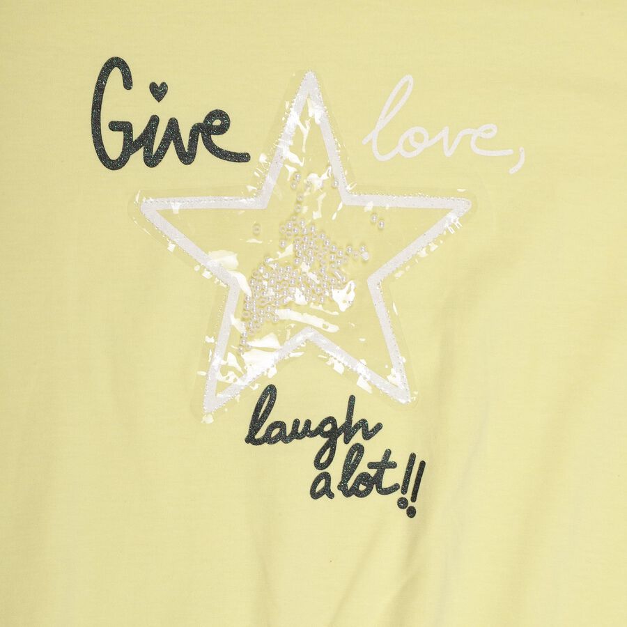 Girls' Bright Yellow Cotton Round Neck Casual T-Shirt, Yellow, large image number null