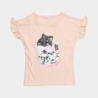 Girls' Pink Cotton Round Neck Sequin Cat Graphic Ruffle Sleeve T-Shirt, हल्का गुलाबी, small