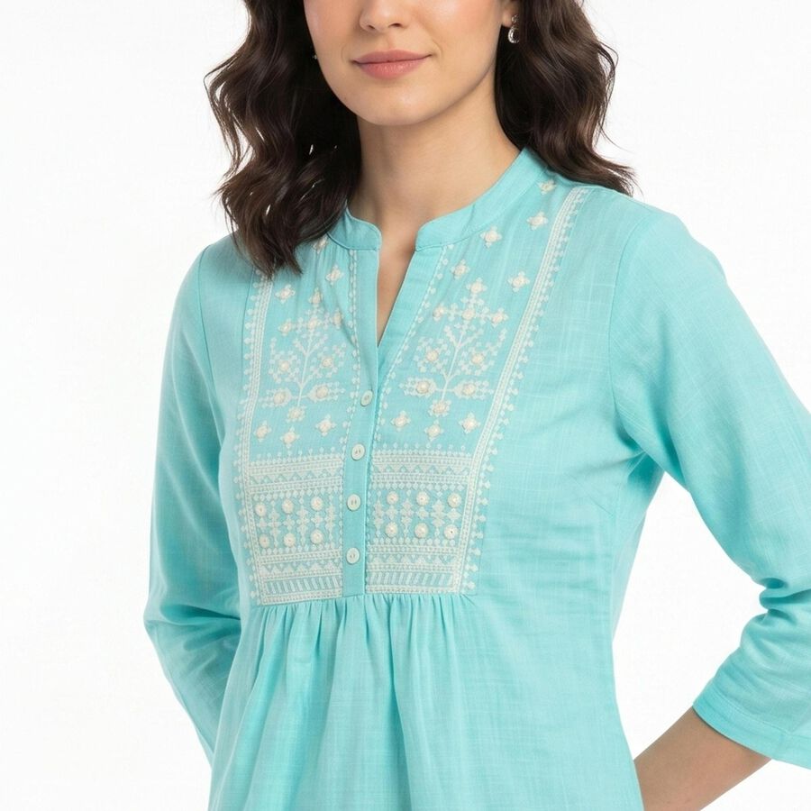 Women's Aqua Cotton Mandarin Collar Embroidered Kurti, एक्वा, large
