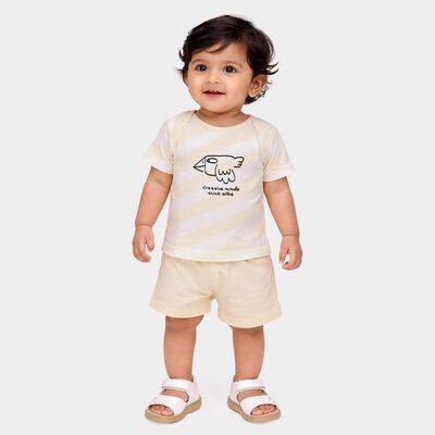 Infants' Beige Cotton Polo Neck Printed Baba Suit