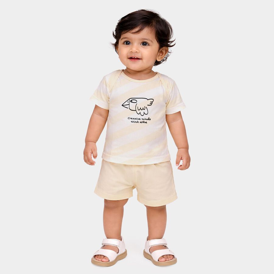 Infants' Beige Cotton Polo Neck Printed Baba Suit, गहरा पीला, large