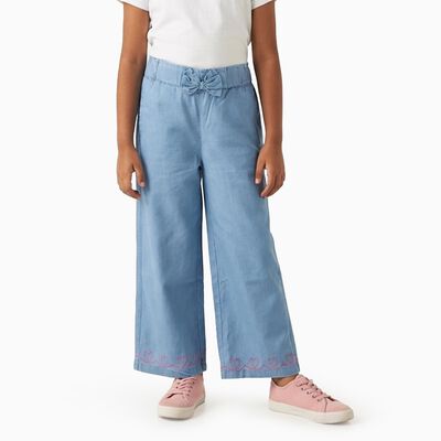 Girls' Light Blue Wide-Leg Embroidered Jeans
