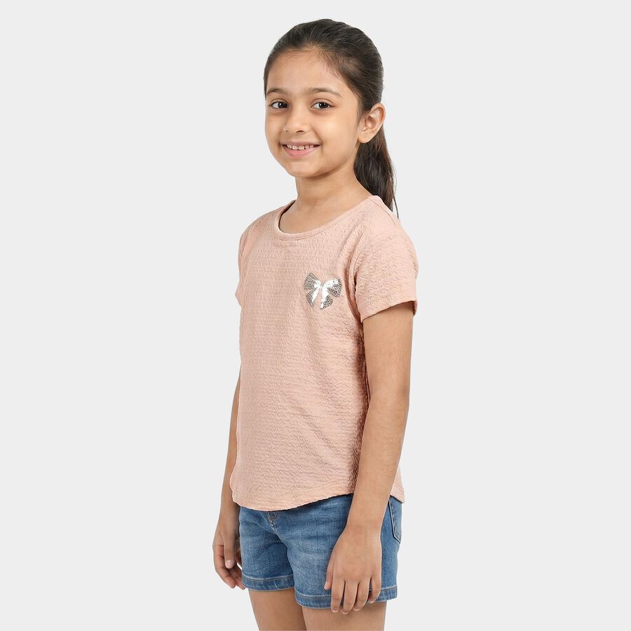 Girls Peach Round Neck Regular T-Shirt, पीच, large