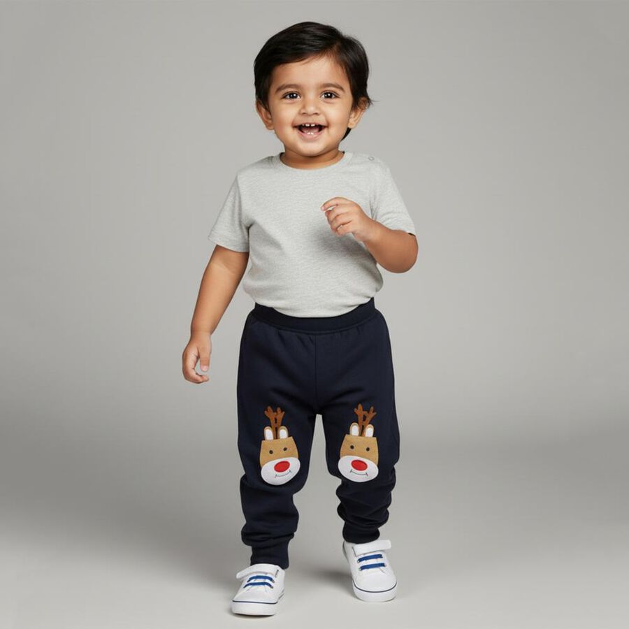 Infants' Navy Blue Reindeer Applique Cotton Blend Pyjama, नेवी ब्लू, large image number null
