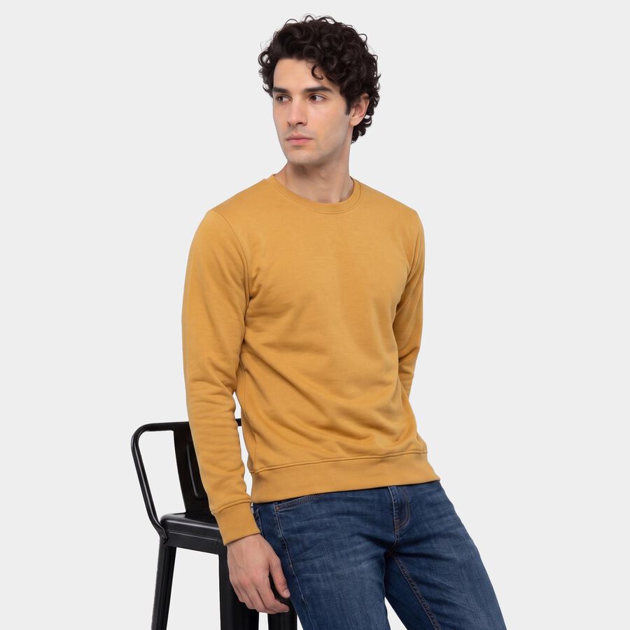 Men's Mustard Crew Neck Pullover Sweatshirt, Mustard, large