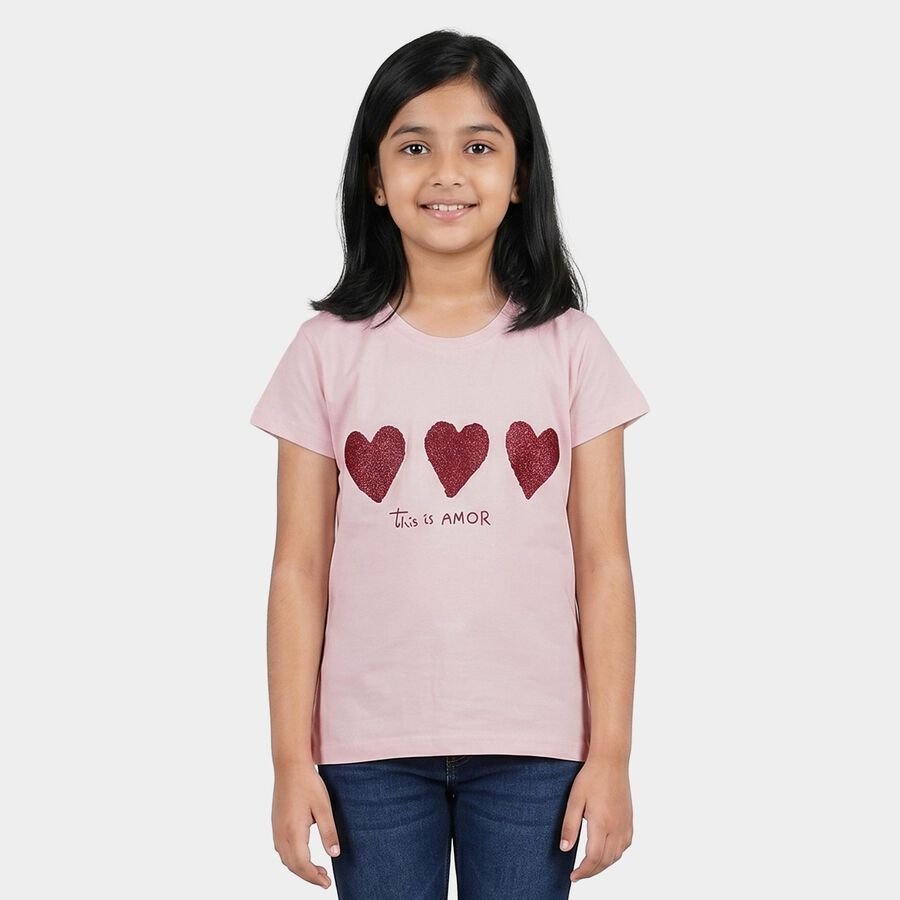 Girls Pink Round Neck Graphic Print Regular T-Shirt, गुलाबी, large