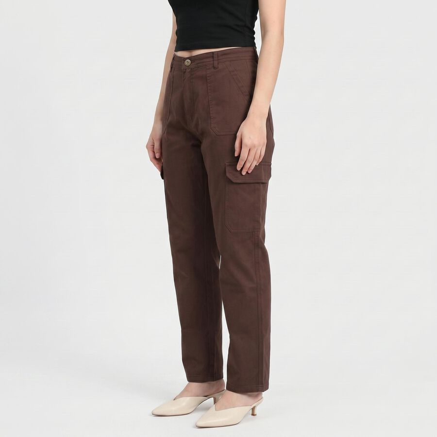 Women Brown Straight Fit Cargo Trousers, Brown, large