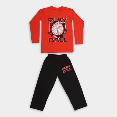 Boys' Red Round Neck Graphic Baba Suit