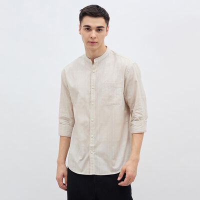 Men's Light Beige Cotton Mandarin Collar Casual Shirt