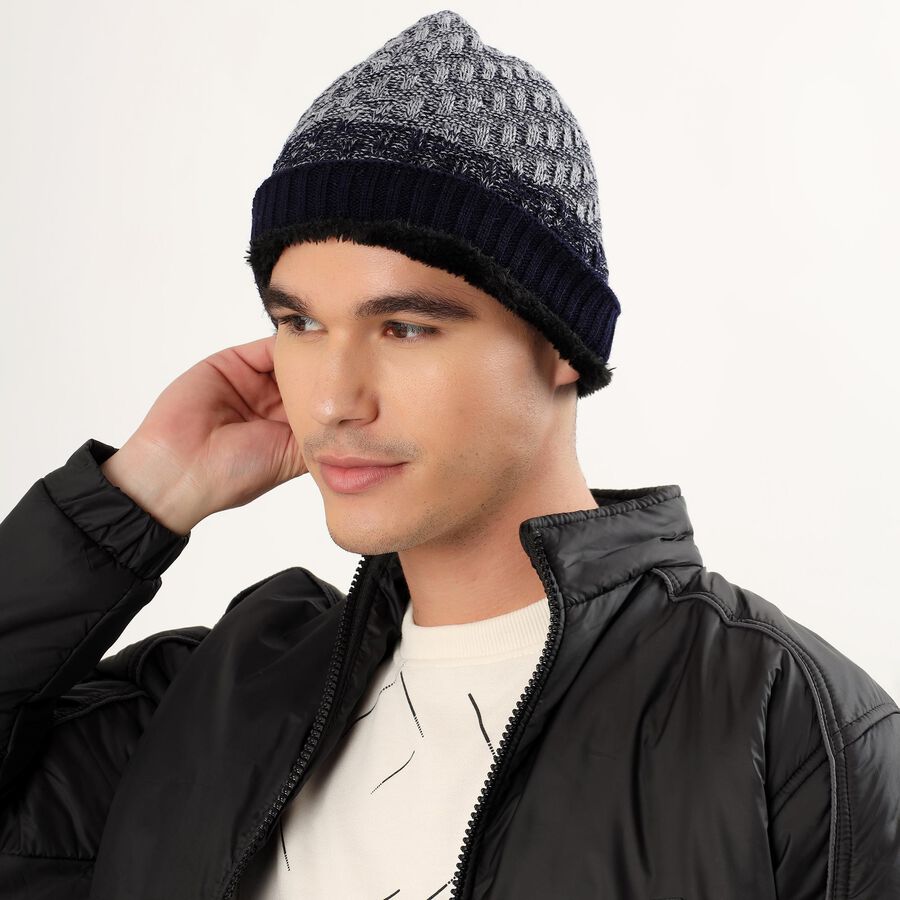 Men's Grey and Navy Blue Textured Winter Cap, Navy Blue, large image number null