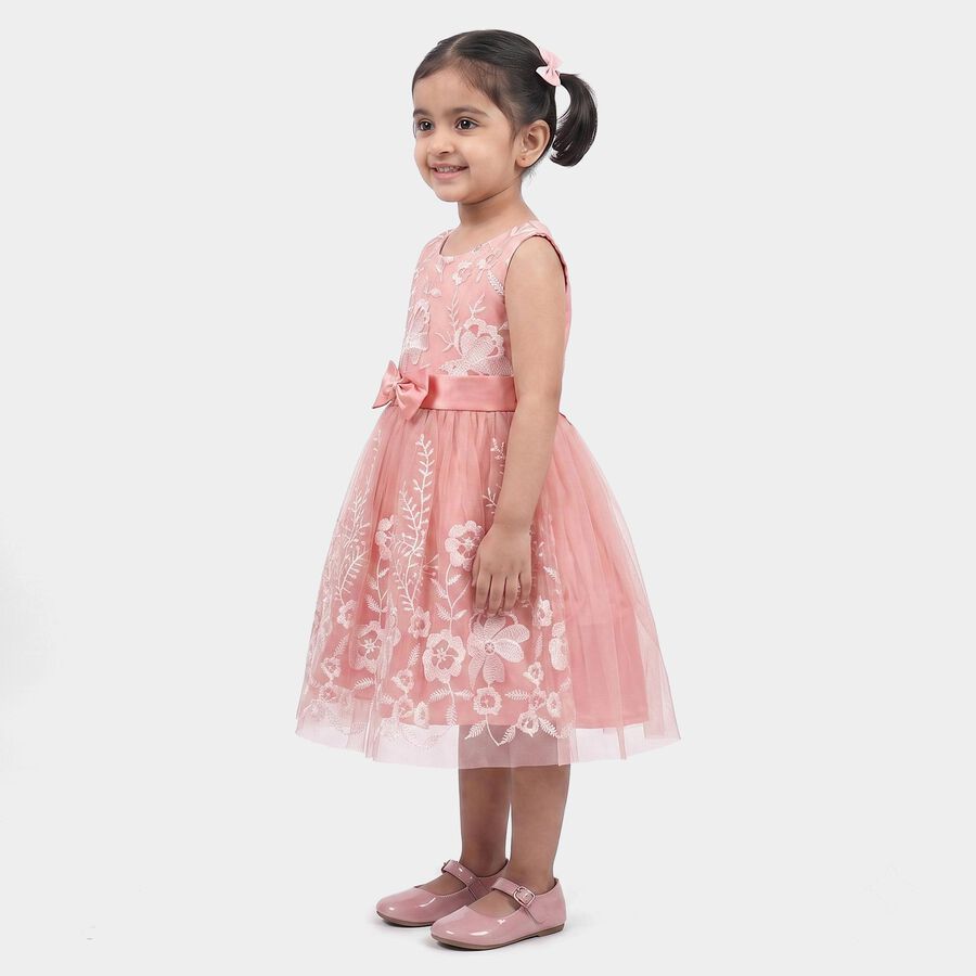 Girls' Pink Floral Embroidered Fit and Flare Frock, Pink, large