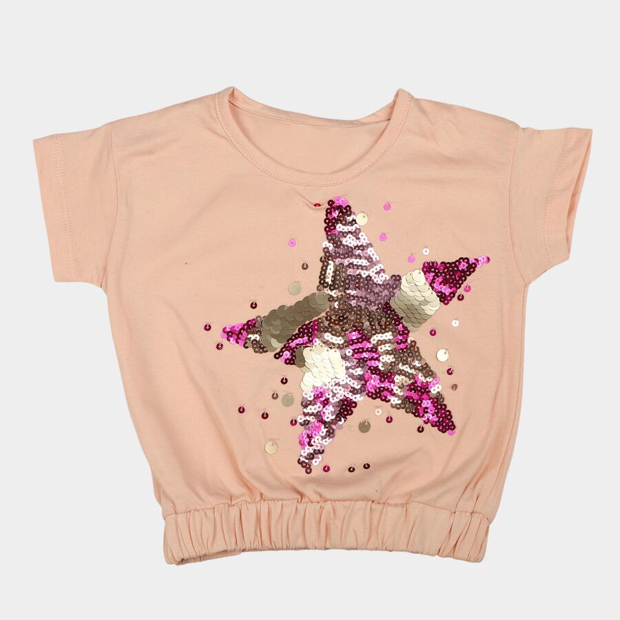 Girls Light Pink Cotton Round Neck Regular T-Shirt, Light Pink, large