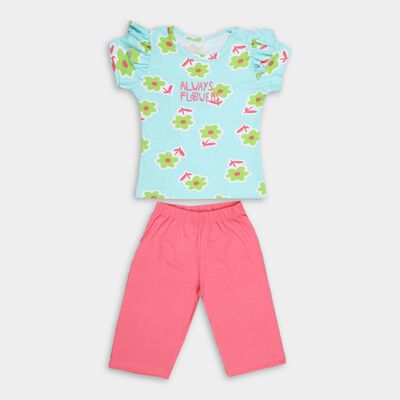 Girls' Bright Aqua Blue Cotton Round Neck Floral Top and Capri Set
