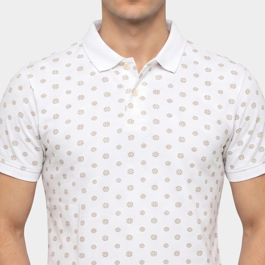 Men's White Cotton Polo Neck Printed T-Shirt, White, large