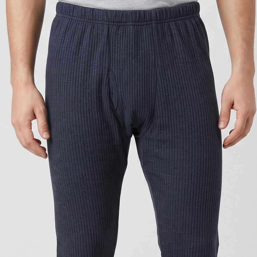 Men's Navy Blue Ribbed Long Johns Thermal, मध्यम नीला, large