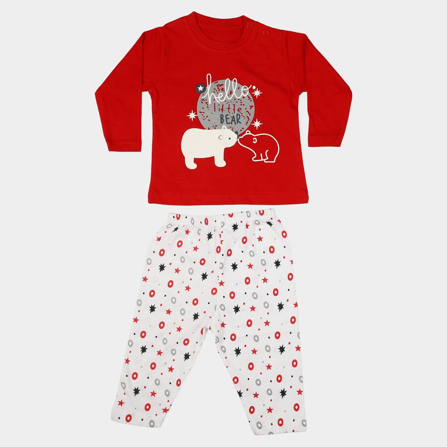 Infants' Red 100% Cotton Round Neck Graphic Print Baba Suit, लाल, large
