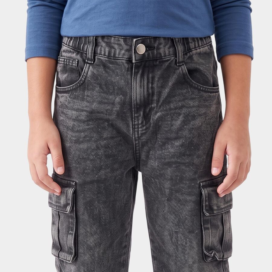 Boys' Black Cargo Fit Washed Jeans, Black, large