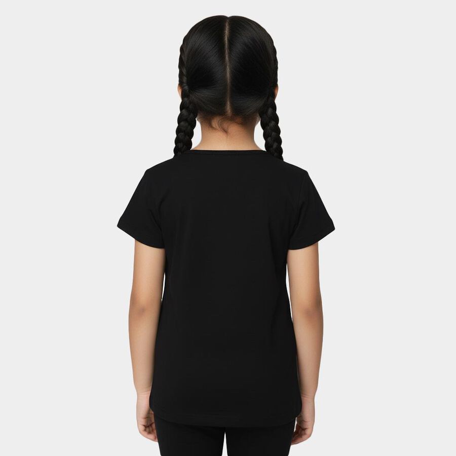 Girls Black Cotton Round Neck Casual T-Shirt, Black, large