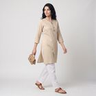 Women's Beige Round Neck Geometric Printed Straight Kurta, गहरा पीला, small