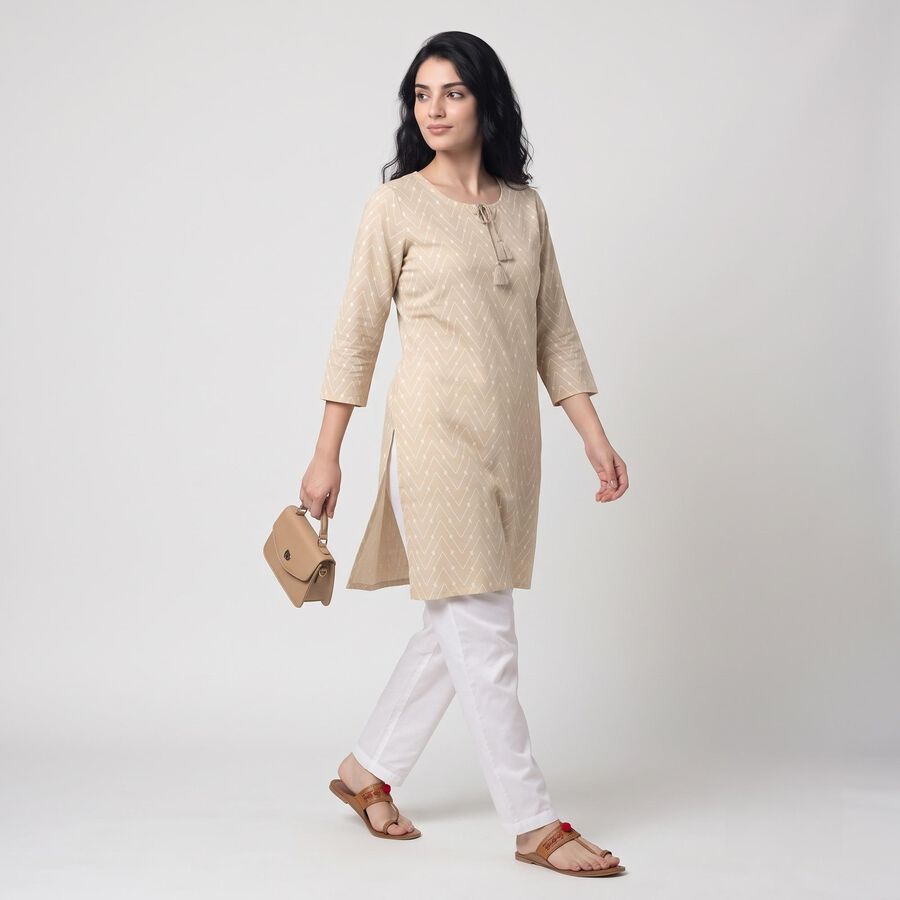 Women's Beige Round Neck Geometric Printed Straight Kurta, गहरा पीला, large