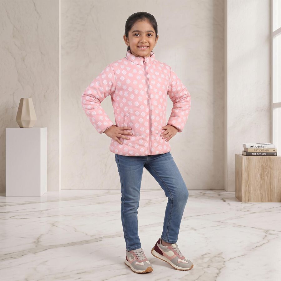 Girls' Pink Stand Collar Puffer Jacket, Pink, large