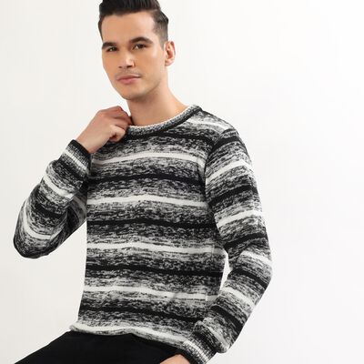 Men's Black and White Crew Neck Casual Pullover