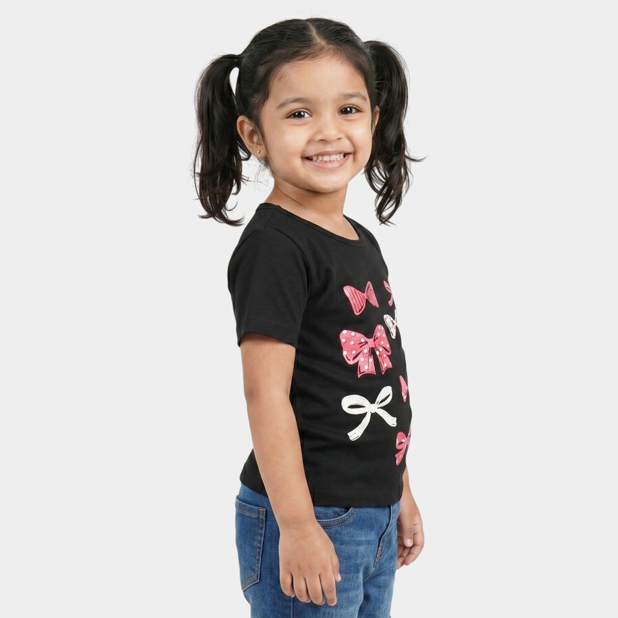 Girls Black Round Neck Regular T-Shirt, काला, large