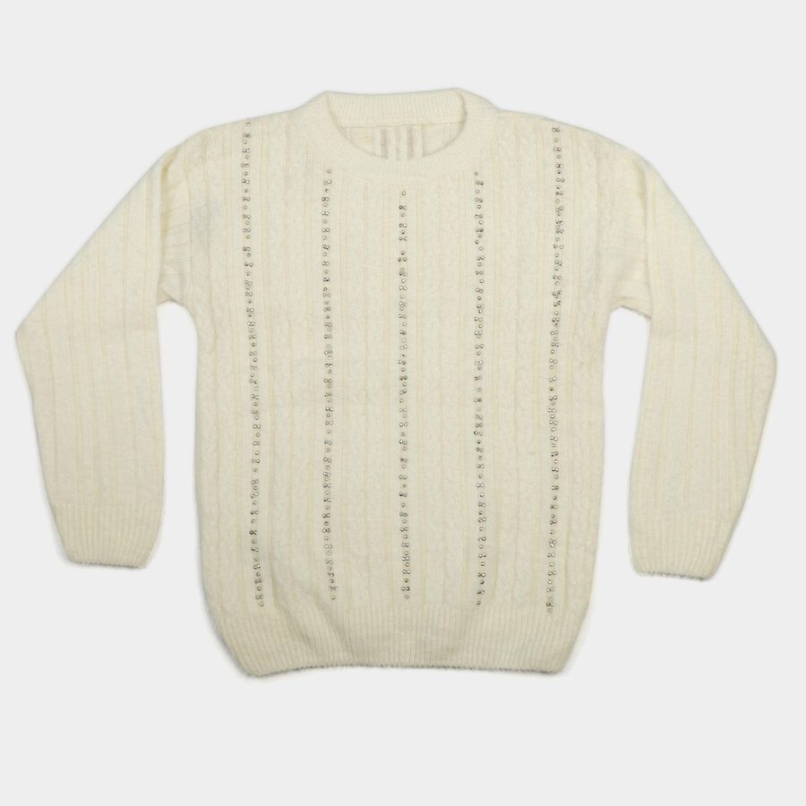 Girls' Cream Crew Neck Knitted Design Pullover, ऑफ व्हाइट, large