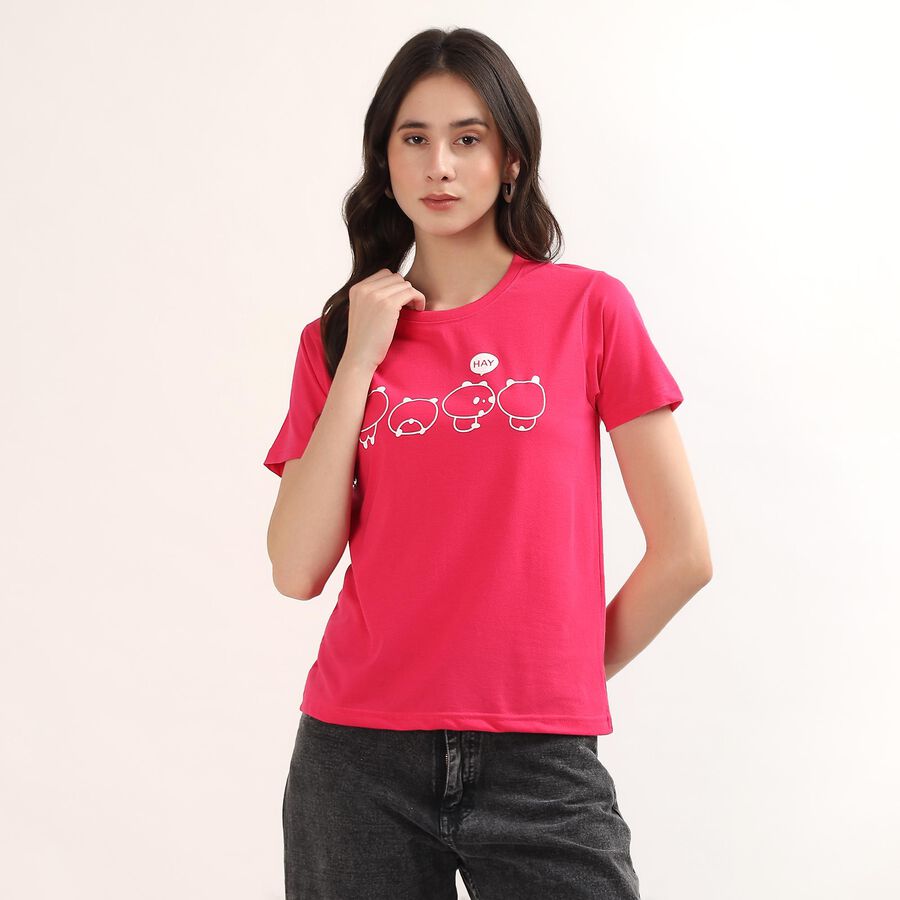 Women's Fuchsia Round Neck Printed Casual T-Shirt, Fuchsia, large