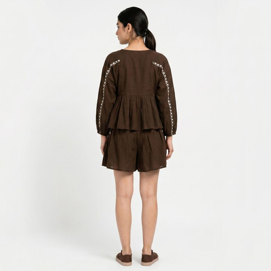 Women's Brown Cotton Embroidered Co-ord Set, भूरा, large