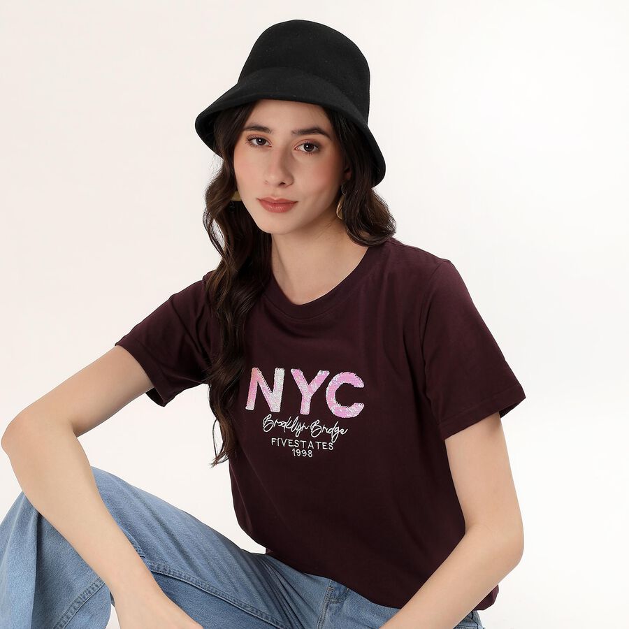 Women's Maroon Cotton Round Neck Casual T-Shirt, Wine, large