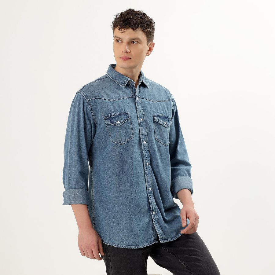 Men's Denim Blue Cotton Classic Collar Casual Shirt, Dark Blue, large image number null